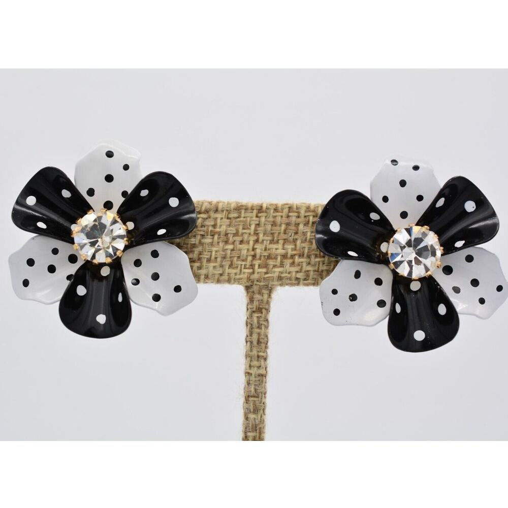 Vintage Flower Earrings Enamel Black White Polka Dot Rhinestone Crystal BinAV